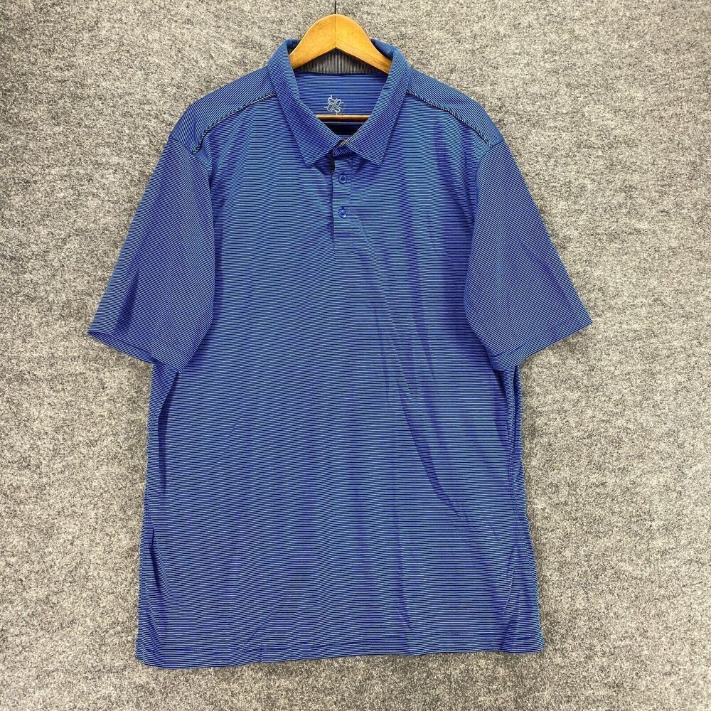 R&R Casuals Polo Shirt Men 2XL Blue Striped Button Up Collared Short Sleeve